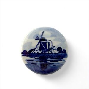 Vintage Delft Holland Windmill Painted Small Round Porcelain Brooch Pin